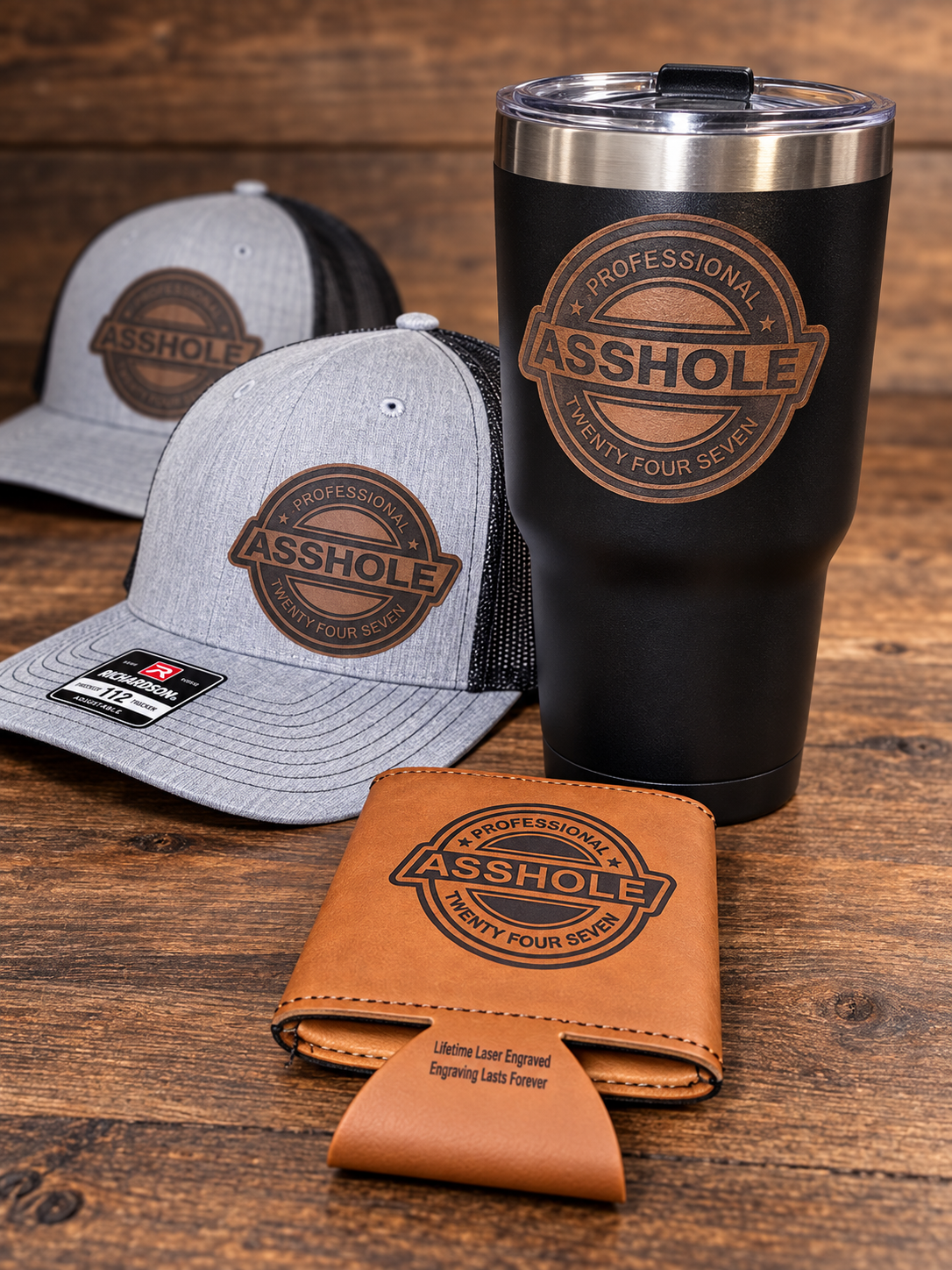 Custom engraved hats, tumbler, and leather item